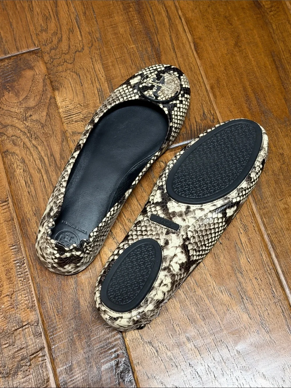 Tory Burch Beige Snake-Print Leather Ballet Flats